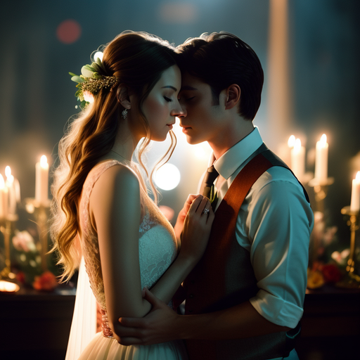 A bride and groom embracing in front of candles.