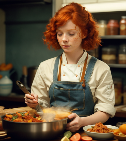 redheaded chef working in kitchen