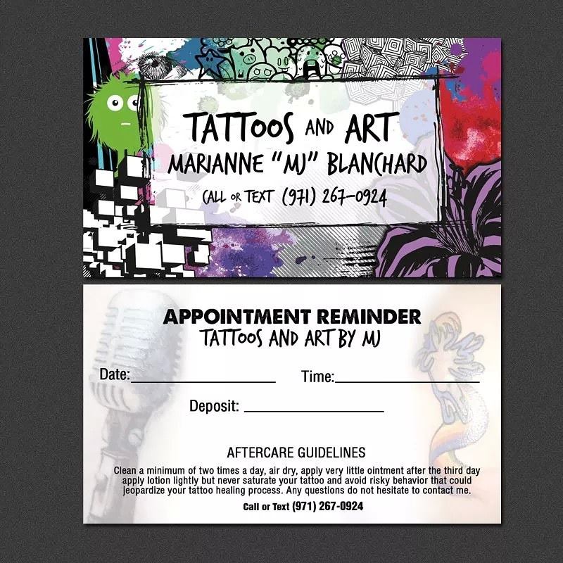 A business card for tattoos and art.