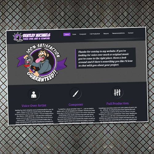 A website design with a purple logo on a metal background.