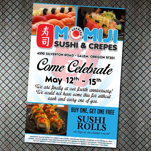 A flyer for momiji sushi and crepes.