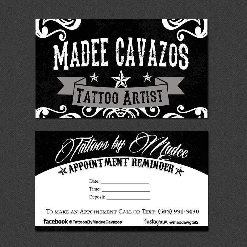A black and white business card for a tattoo artist.