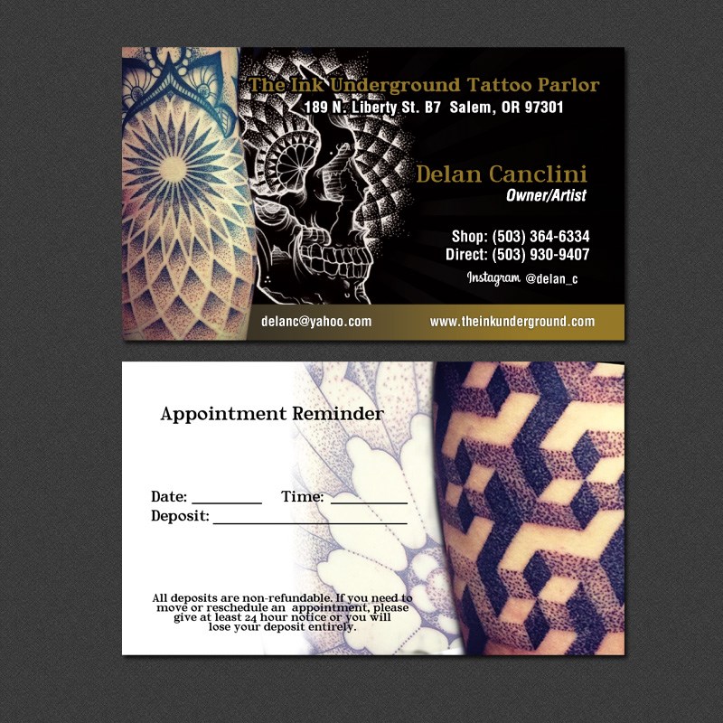 A business card with a tattoo design on it.
