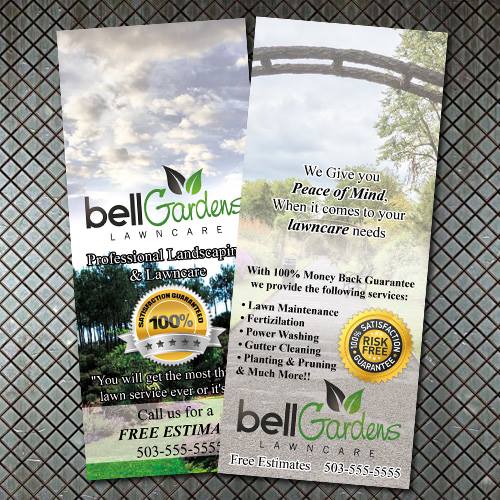 Two flyers for bell gardens lawn care.