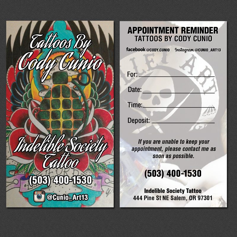 A tattoo business card with a skull and crossbones.
