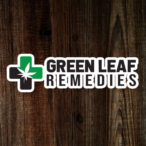 Green leaf remedies logo on a wooden background.