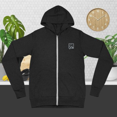 An Unisex zip hoodie with the logo on it.